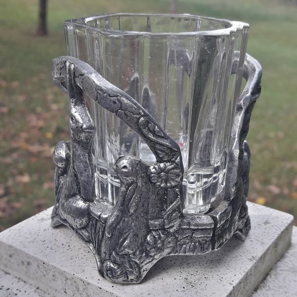 Silver Metal Bunny Rabbit Candle Holder or Trinket Dish Silver Metal Glass Gifts - Picture 9 of 16
